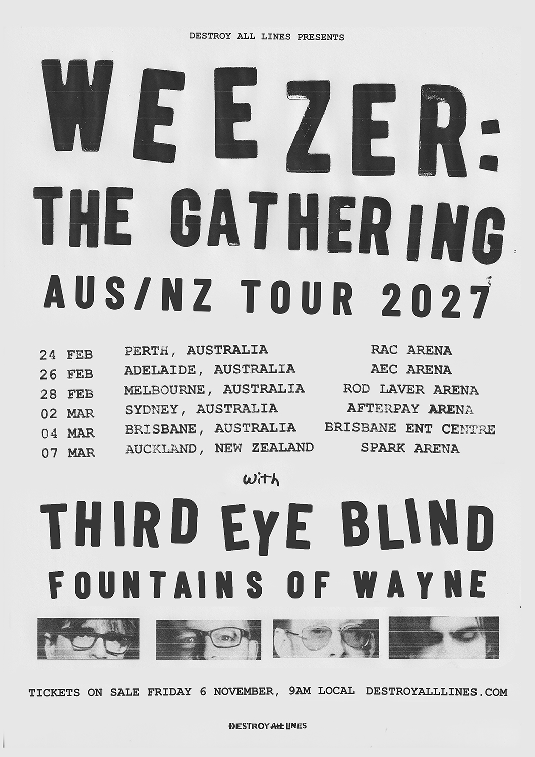 Weezer: The Gathering 2027 AUS/NZ tour poster with Third Eye Blind and Fountains of Wayne.